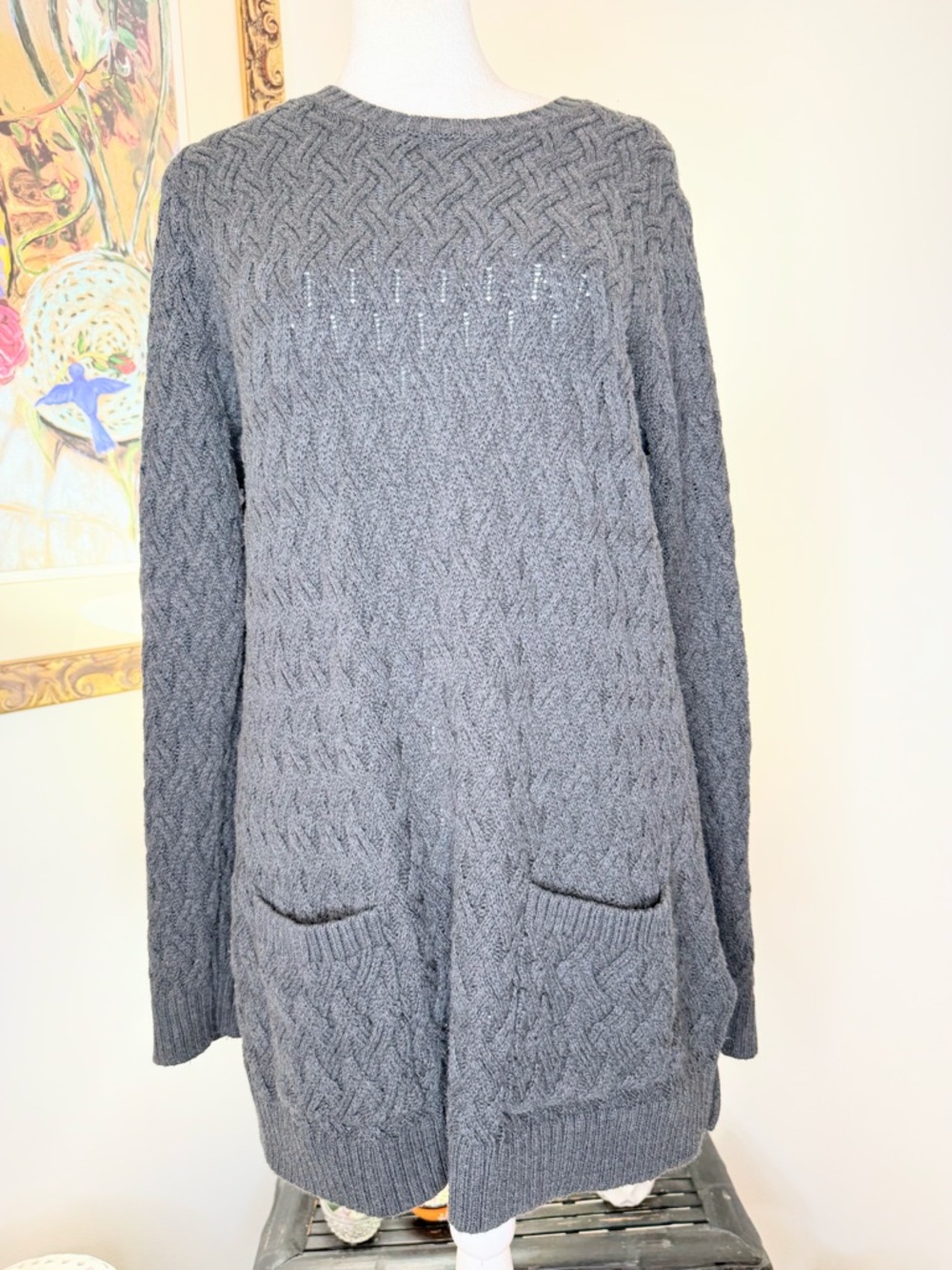 Jeanne Pierre Sweater Dress Large Gray Cable Knit Cotton Pockets Cozy